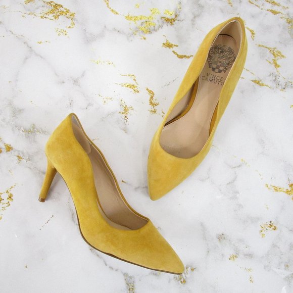 mustard suede pumps